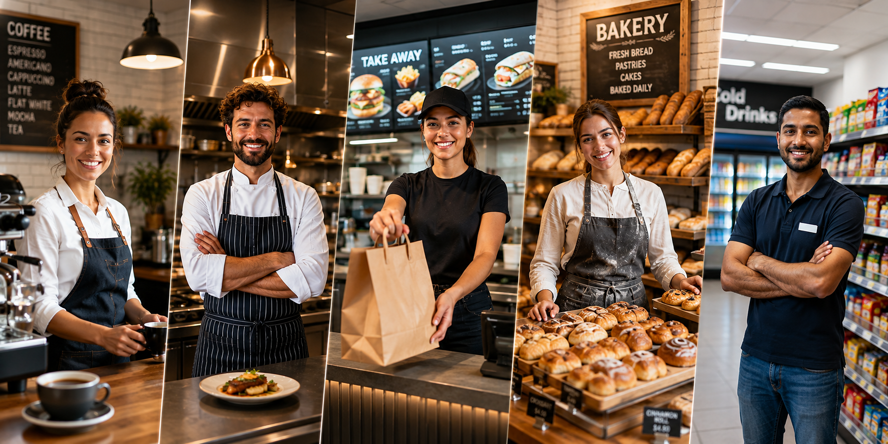 Australian café, restaurant, takeaway, bakery and convenience store owners standing proudly behind their counters